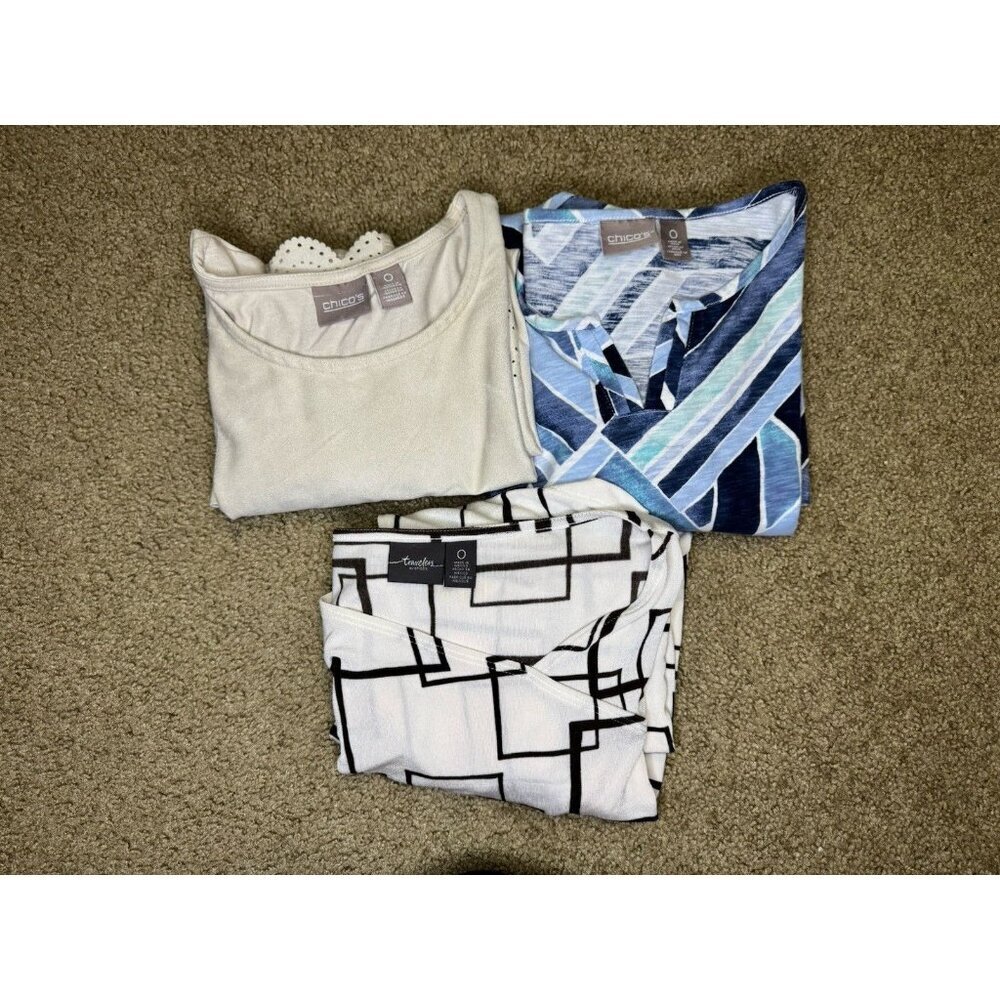 CHICOS Blouse Tunic Lot Of 3 SMALL Slinky Geometric Travel Casual Contemporary